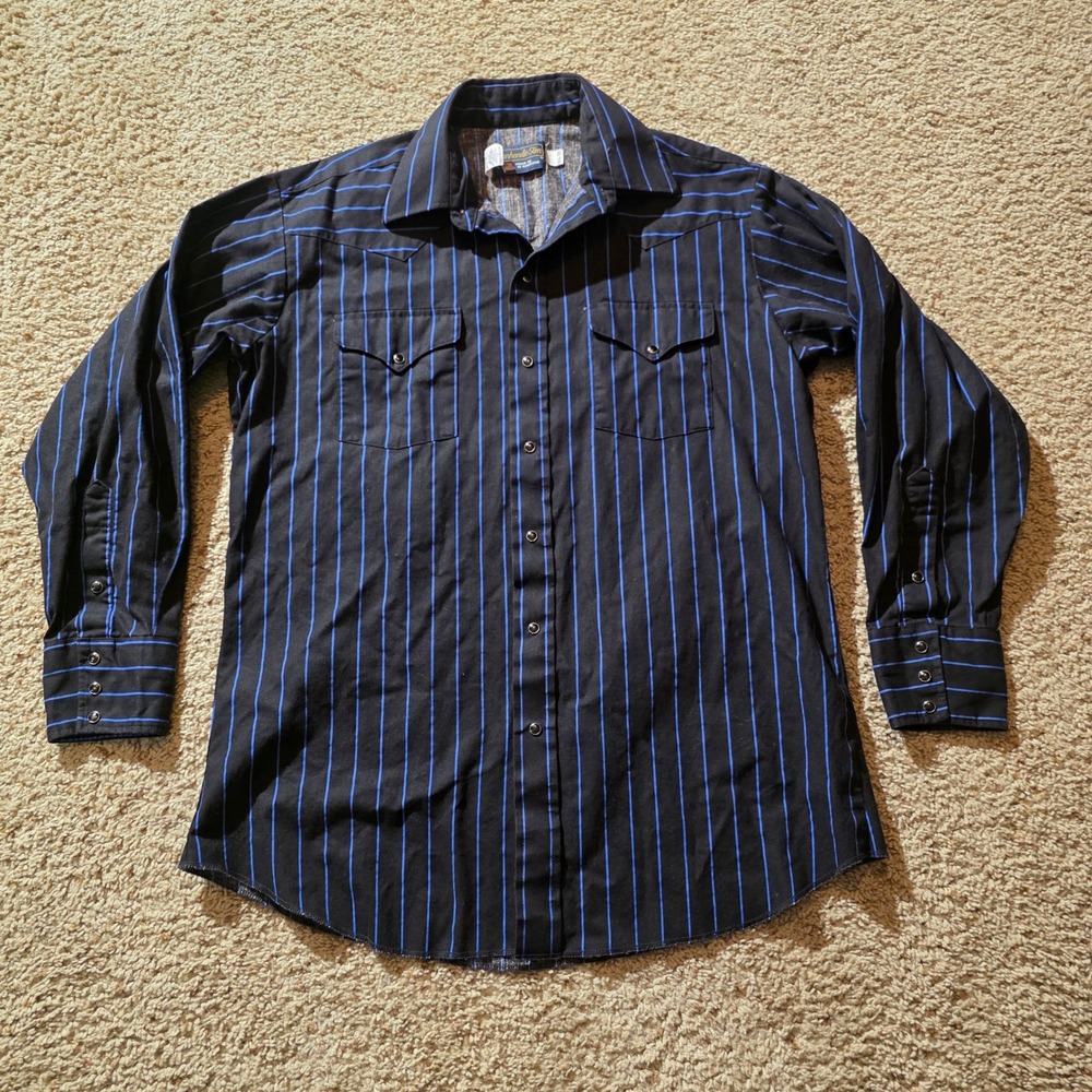 Panhandle Slim Mens Western Snap Shirt Black Blue Pinstripe Made in USA 16.5-35